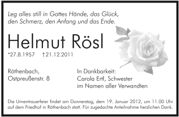 Traueranzeige von Helmut Rösl von Pegnitz-Zeitung